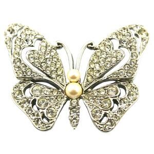Monet Rhinestone Faux Pearl Silvertone Butterfly Brooch Pin Signed